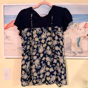LOFT Floral Navy Mixed Media Blouse